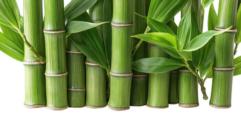 Obraz premium A close up vertical view of lush green bamboo stalks with leaves and nodes isolated on transparent background