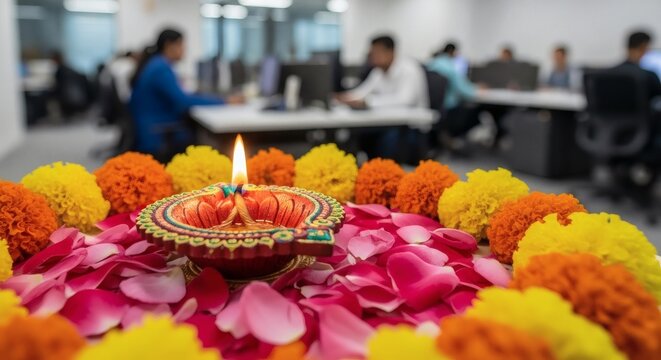 Diwali diwali celebration in the office with diya, flowers, and rangoli, creating a festive and spiritual atmosphere for employees and team