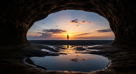 Person silhouette watching a beautiful sunset over the ocean from inside a dark cave, with vibrant sky colors reflecting in a water puddle on the beach