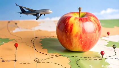 Apple on a world map with an airplane