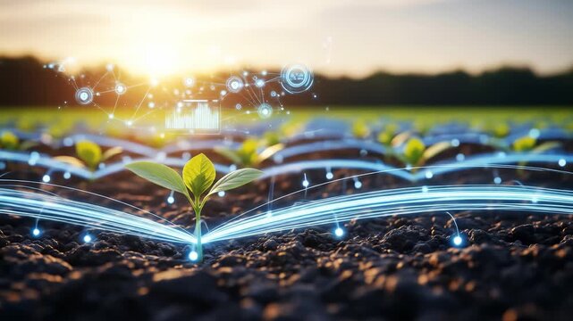 Young plant fertile soil with sunlight and digital technology overlay, symbolizing innovation, growth, futuristic agriculture, and sustainable field development through smart digital solutions - Powered by Adobe