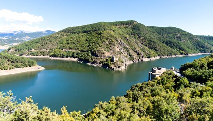 Obraz premium Panoramic view of a reservoir nestled amongst forested hills
