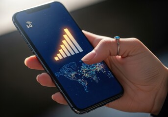 Hand Holding Smartphone Displaying 5g Signal Bar Graph Over Digital World Map