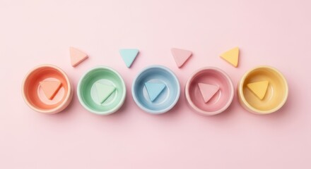 Fototapeta premium Five pastel colored small bowls with triangular shapes inside, arranged in a row on a pink background with scattered triangular shapes