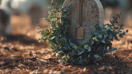 A stone marker with a dog tag is surrounded by a wreath of green leaves in a peaceful place