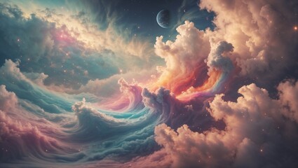 Surreal Cosmic Sky with Planets Hidden Among Colorful Clouds