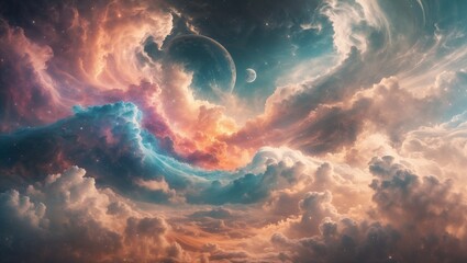 Surreal Cosmic Sky with Planets Hidden Among Colorful Clouds