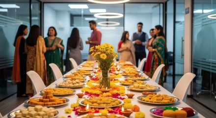 Diwali diwali celebration in an office setting, with people gathered around a table filled with traditional sweets and festive decorations