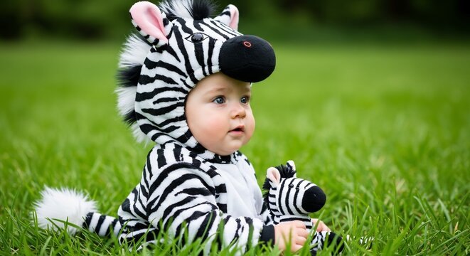 S��es Baby tr�gt Zebra-Kost�m auf gr�nem Rasen Sonnenlicht strahlt. AI Generated