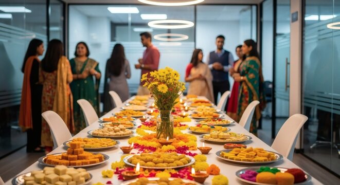 Diwali diwali celebration in an office setting, with people gathered around a table filled with traditional sweets and festive decorations