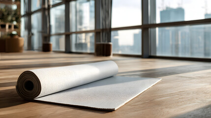 Unrolled white yoga mat on wooden floor in modern fitness center or at home with big windows and white walls, comfortable space for doing sport exercises, meditating.
