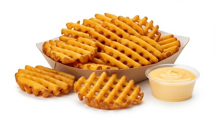 Knackige Waffelkartoffeln goldbraun gebraten leckerer Dip. AI Generated
