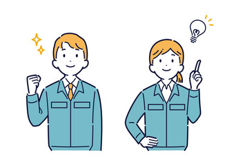 上を向いて明るい表情をする作業着姿の男女のイラスト