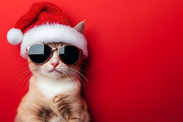 A cute cat wearing a santa hat and sunglasses, looking cool for christmas