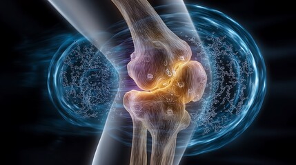 X-ray view of a human knee joint, highlighting bone structure and cartilage health within a protective cellular sphere