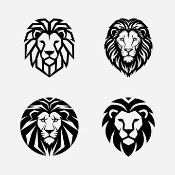 Four stylized lion head designs; geometric, mane variations, black and white.