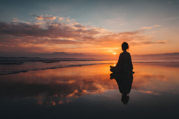 Obraz premium A serene scene of a person meditating by the beach at sunset, reflecting tranquility and connection with nature
