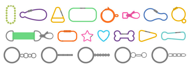 Bag for clasp. Icon of cute clip, keychain, chain element, carabiner, zipper. Doodle fastener colorful supply. Fashion clasp metal. Vector modern tidy accessories, cartoon flat style isolated set © Natalia