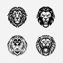 Four stylized lion head illustrations, black and white, varying expressions and manes.