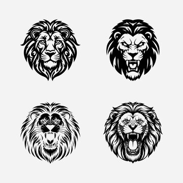 Four stylized lion head illustrations, black and white, varying expressions and manes.
