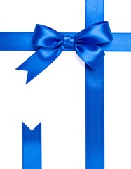 A vibrant blue satin ribbon tied in a bow, with additional ribbon tails, on a white background