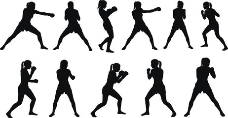 Boxing and martial arts silhouette collection with fighters in various action poses, black vector icons for combat sports, training, and fitness illustration.