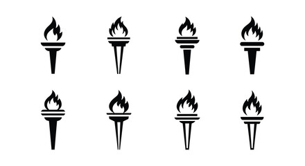 Eight black torch icons with flames on a white background