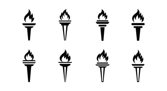 Eight black torch icons with flames on a white background
