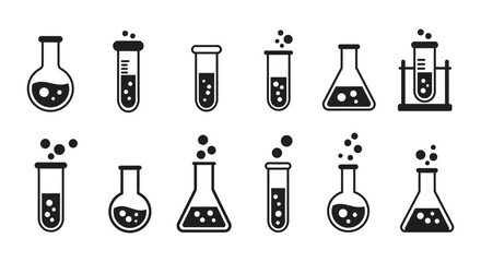 Collection of laboratory equipment and chemical flasks icons © Siam Studio