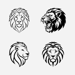 Four stylized lion head illustrations;  calm, roaring, profile, and frontal views in black and white.