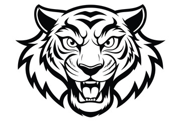 Outline Roaring Tiger Head Cartoon on White Background