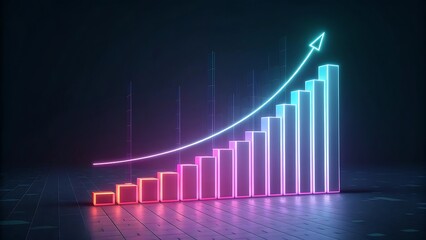 Virtual 3D bar chart with glowing upward trend in dark background.