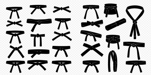A diverse collection of black martial arts belts, illustrating various knots and tying styles as isolated vector icons.
