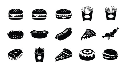 Various fast food items icons in black and white on a plain background