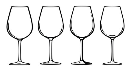 Four empty wine glasses in a row on white background