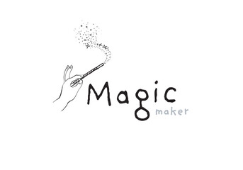 Doodle hand holding a magic wand with sparkles forming the word &ldquo;Magic maker&rdquo; on white background