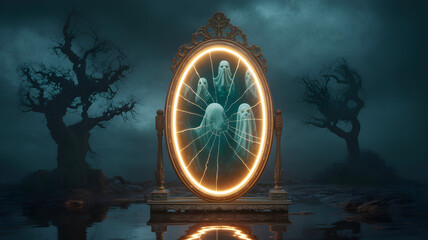 Ethereal ghosts emerge from a glowing mirror in a spooky landscape