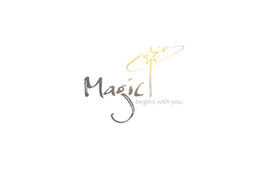 &ldquo;Magic begins with you&rdquo; in doodle style with magic wand in motion on white background