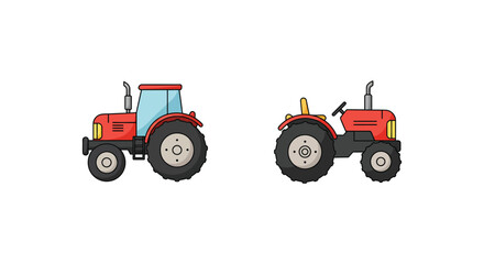 Two red tractors with black tires and different views