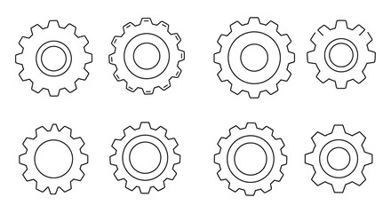 Eight cogwheel gears in various sizes and orientations