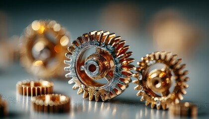 Tiny cogs and gears in various sizes on white paper background, golden hour lighting with bokeh effect, low-angle shot and depth blur, symbolizing intricate machinery details.