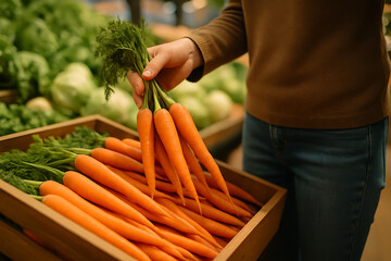 Hand Holding a Bunch of Fresh Carrots Over a Produce Display