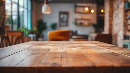 Empty wooden table in a cozy, blurred cafe interior with warm lighting and natural elements
