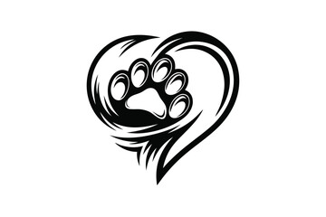 Wolf Head Mascot in Heart Shape with Paw Prints and White Background