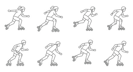 woman in various rollerblading poses on a white background