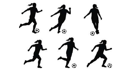 Women playing soccer silhouettes in various running and kicking positions