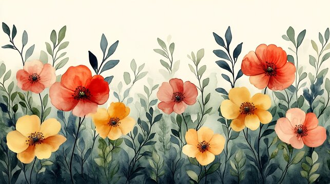 Garden wedding invitation card featuring a watercolor background of blooming flowers and greenery Elegant script text presents the couple's names and wedding details inviting guests to celebrate love