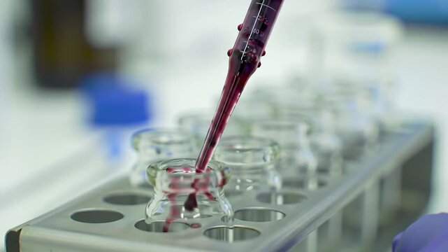 Close-up of gloved hand using a pipette to transfer red liquid into small vials on a laboratory tray