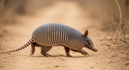 Nine-banded Armadillo Crossing a Dirt Road in Natural Habitat