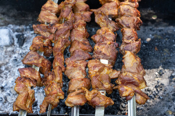 Skewers with grilled meat cooking over hot charcoal.